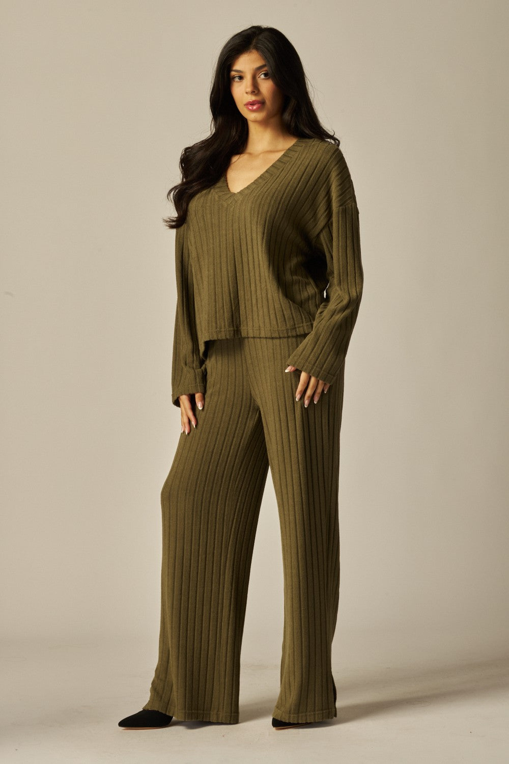 V-Neck Long Sleeve 2 Piece Ribbed Lounge Set - In 4 Colors