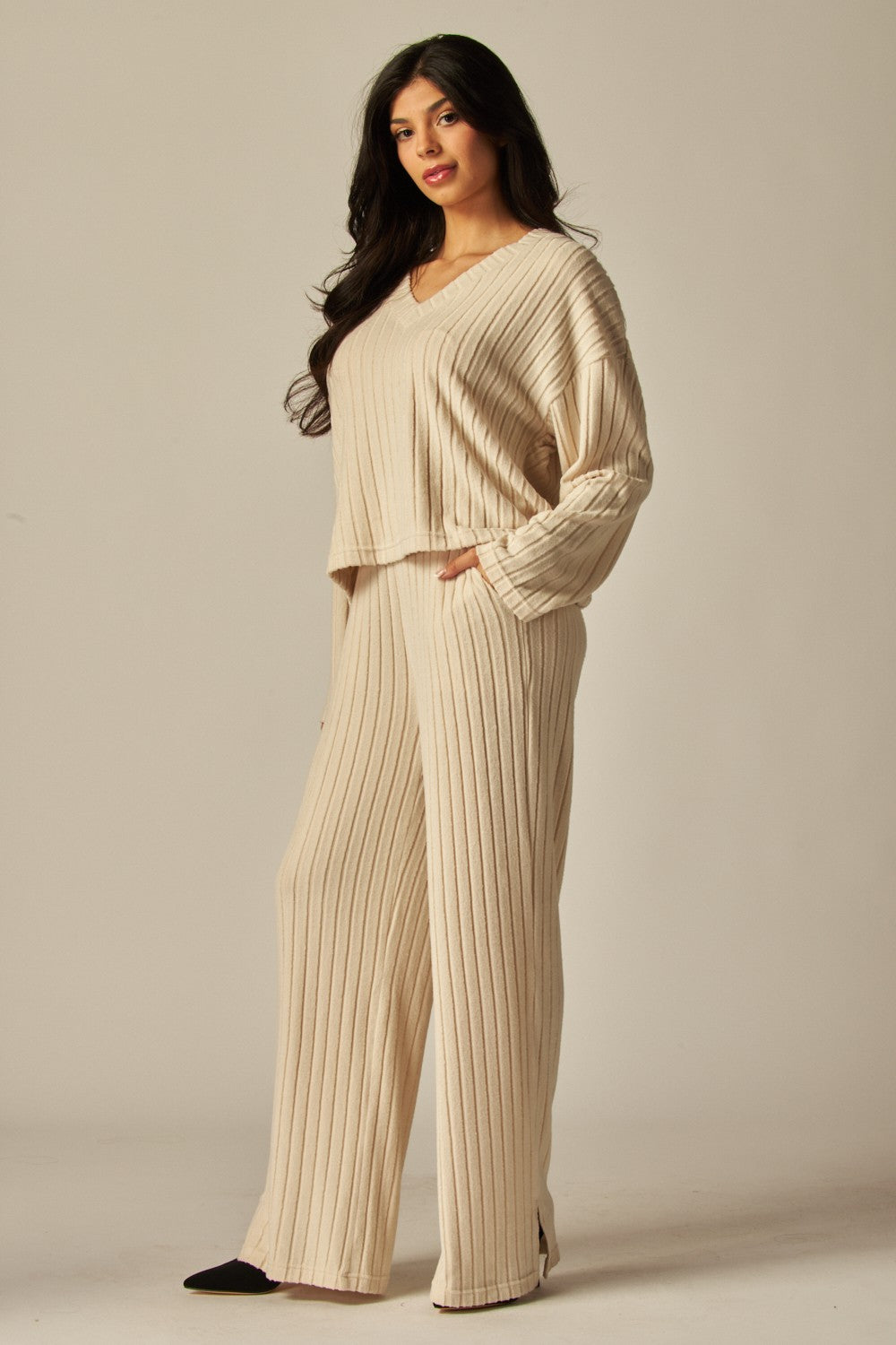 V-Neck Long Sleeve 2 Piece Ribbed Lounge Set - In 4 Colors