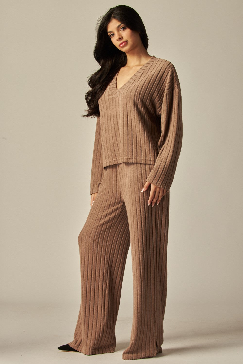 V-Neck Long Sleeve 2 Piece Ribbed Lounge Set - In 4 Colors