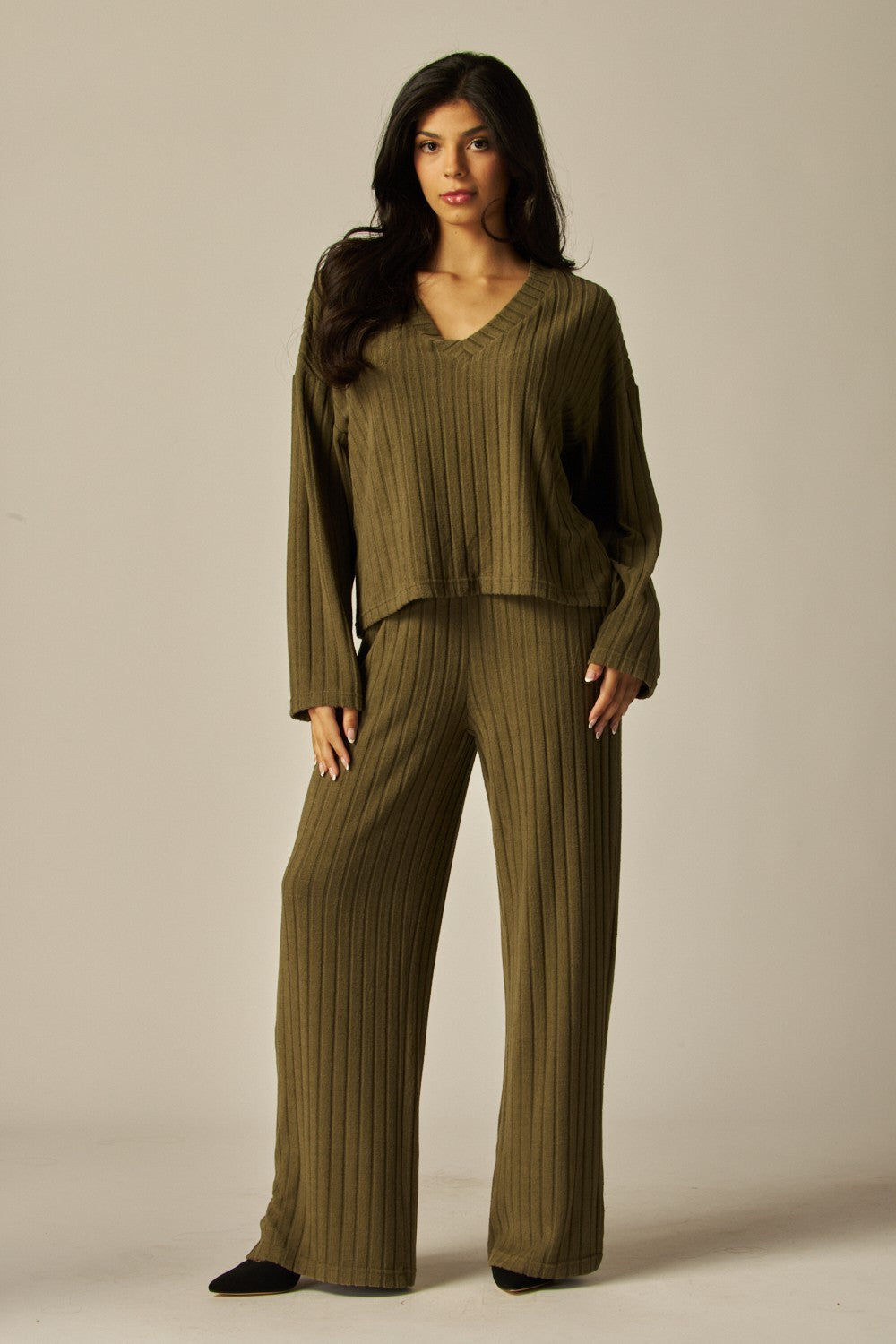 V-Neck Long Sleeve 2 Piece Ribbed Lounge Set - In 4 Colors
