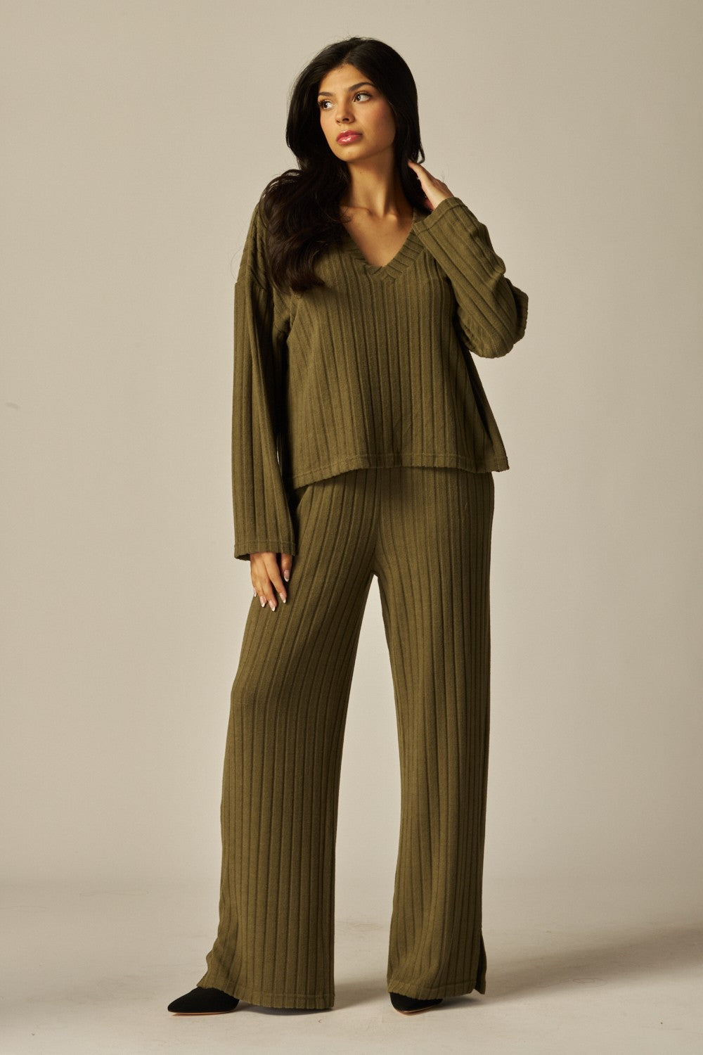 V-Neck Long Sleeve 2 Piece Ribbed Lounge Set - In 4 Colors