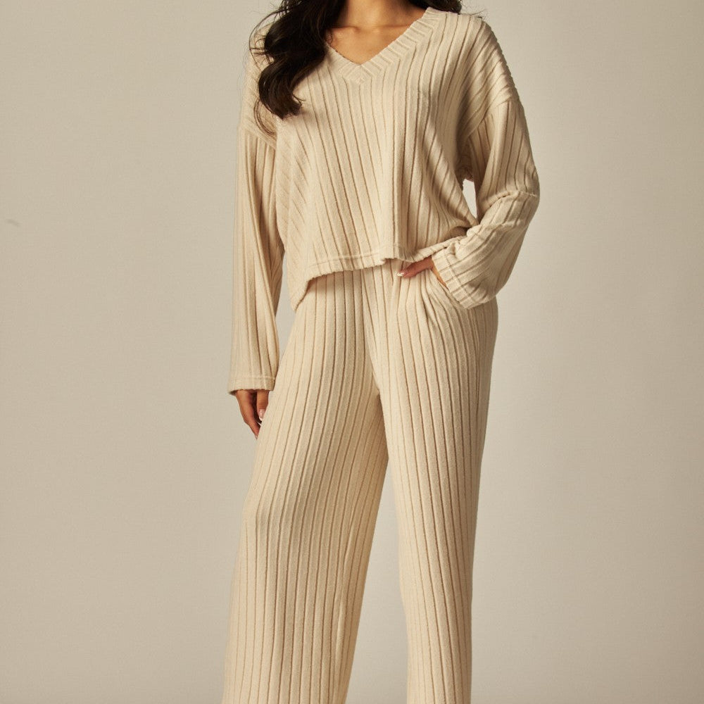 V-Neck Long Sleeve 2 Piece Ribbed Lounge Set - In 4 Colors