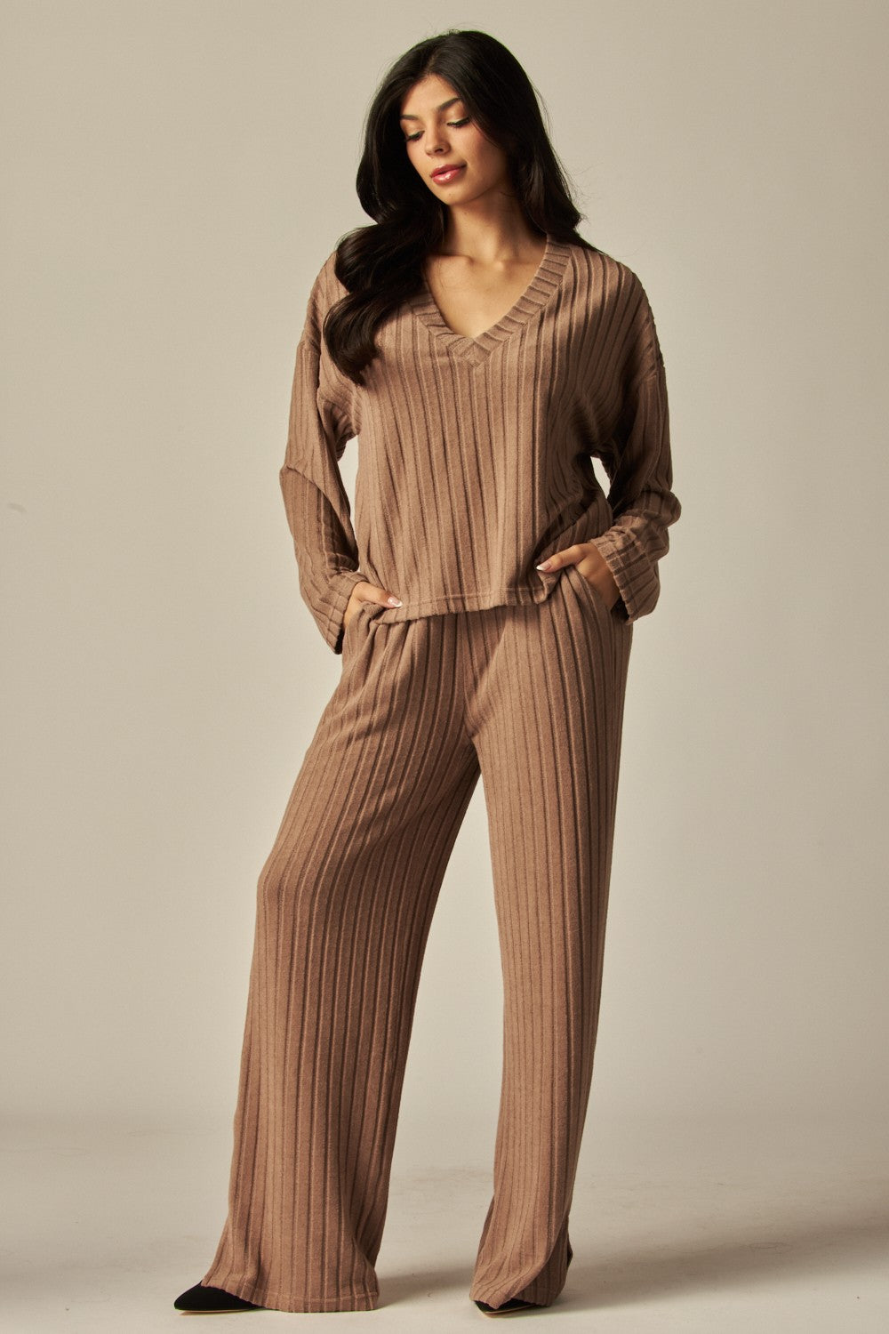 V-Neck Long Sleeve 2 Piece Ribbed Lounge Set - In 4 Colors