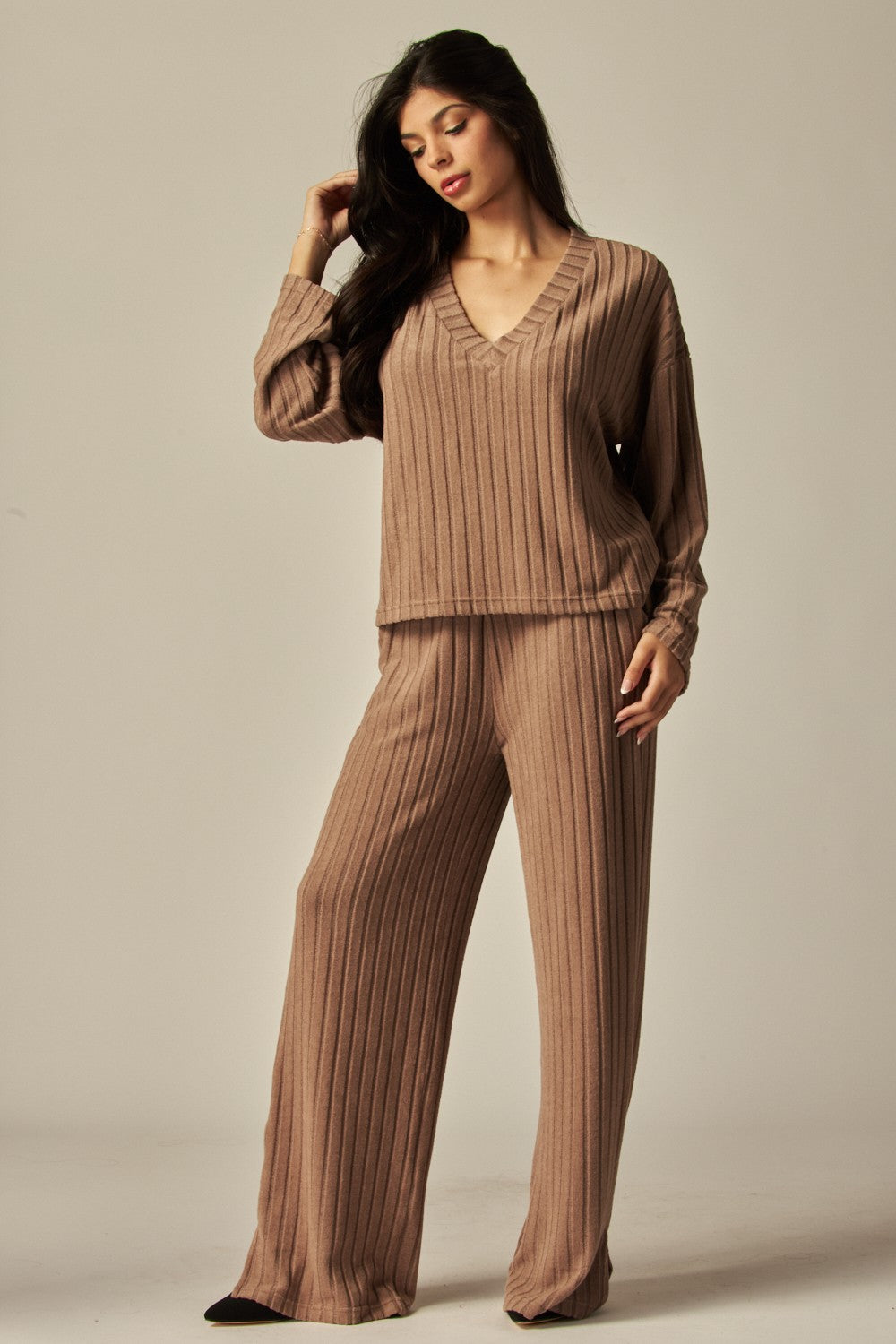 V-Neck Long Sleeve 2 Piece Ribbed Lounge Set - In 4 Colors