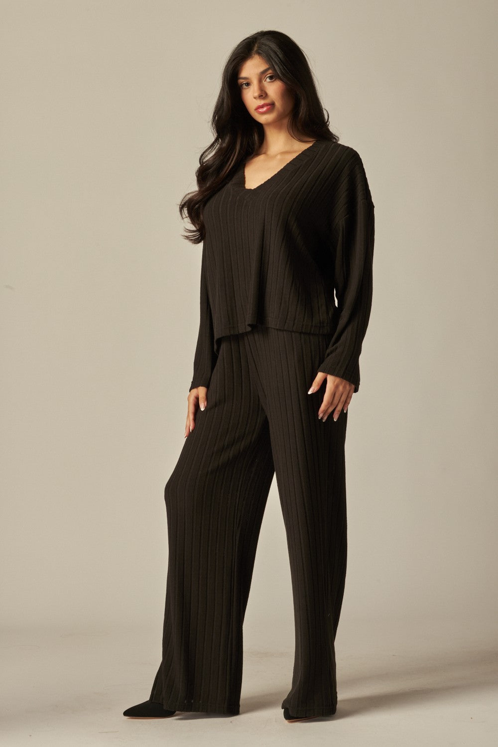 V-Neck Long Sleeve 2 Piece Ribbed Lounge Set - In 4 Colors