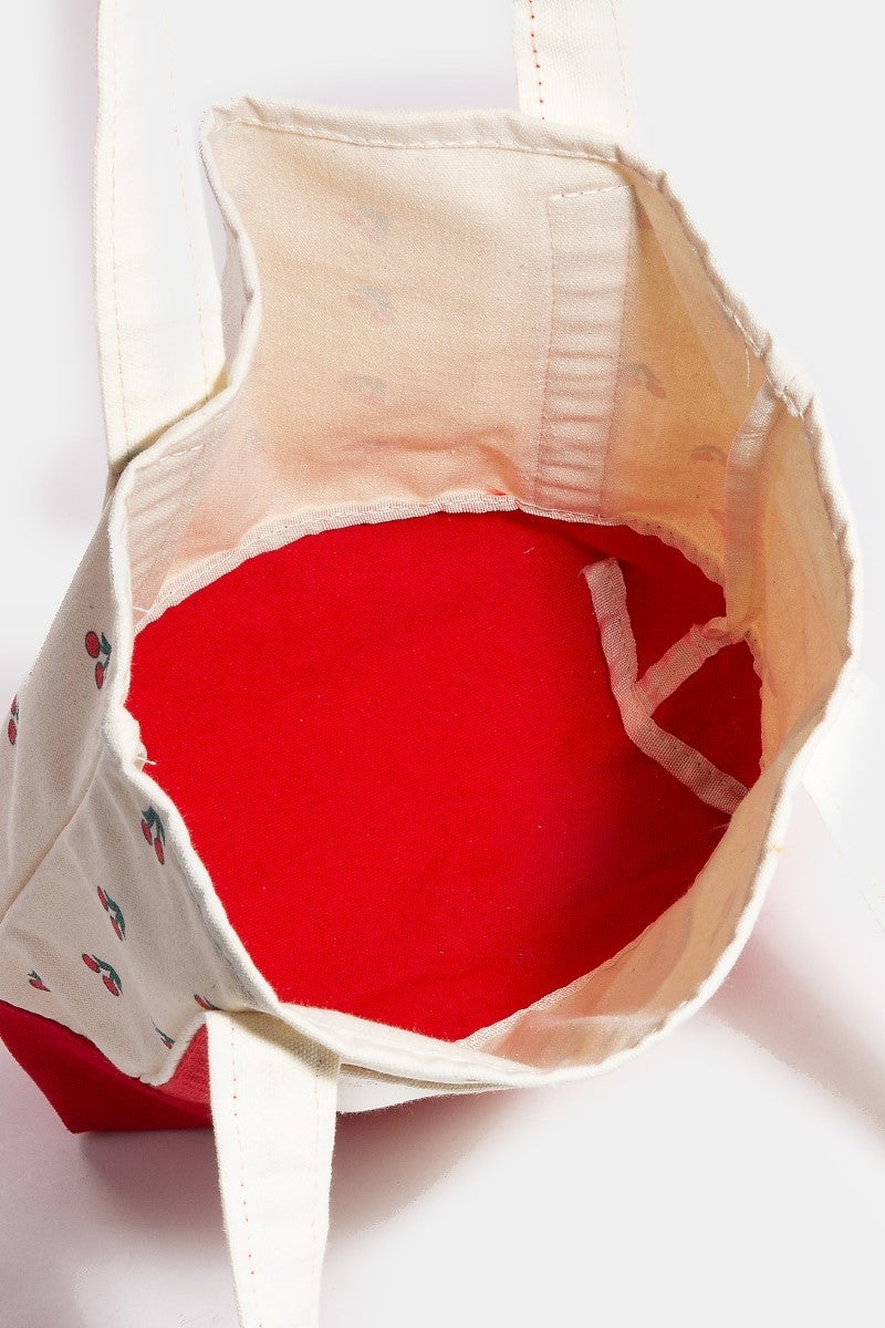 Cherry Print Shoulder Strap Canvas Tote Bag - Cherry Red & Canvas
