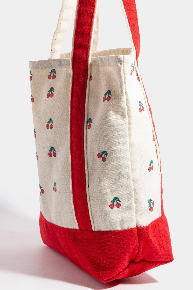 Cherry Print Shoulder Strap Canvas Tote Bag - Cherry Red & Canvas