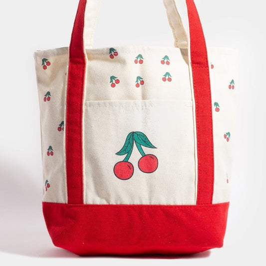 Cherry Print Shoulder Strap Canvas Tote Bag - Cherry Red & Canvas