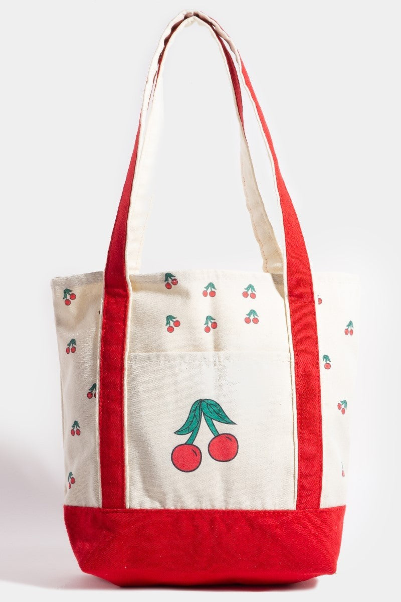 Cherry Print Shoulder Strap Canvas Tote Bag - Cherry Red & Canvas
