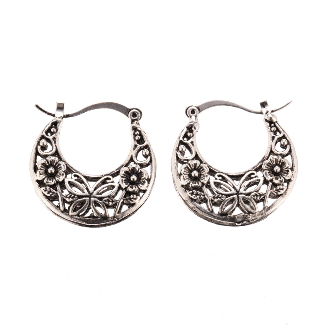 Butterfly & Flower Filigree Moon Hoop Earrings