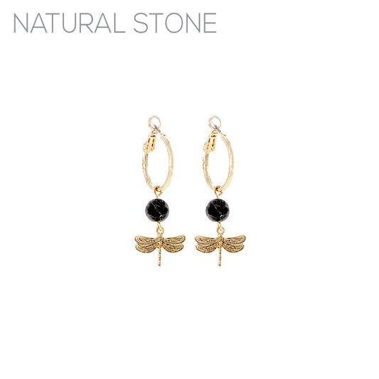 Natural Stone Dragonfly Drop Hoop Earring - In Gold & Silver