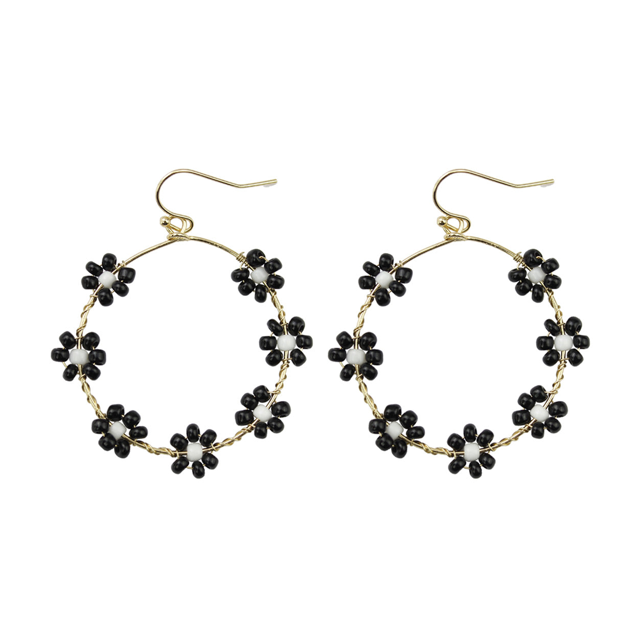 Daisy Seed Bead Floral Drop Gold Hoop Earrings - In 5 Colors