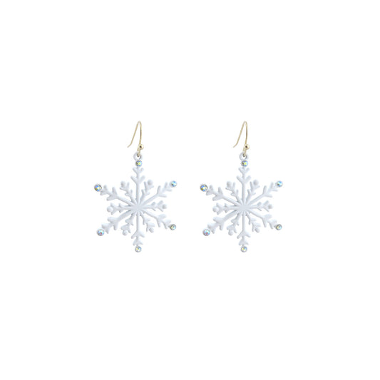 Bright White Snowflake Dangle Earrings With Rhinestone Tips