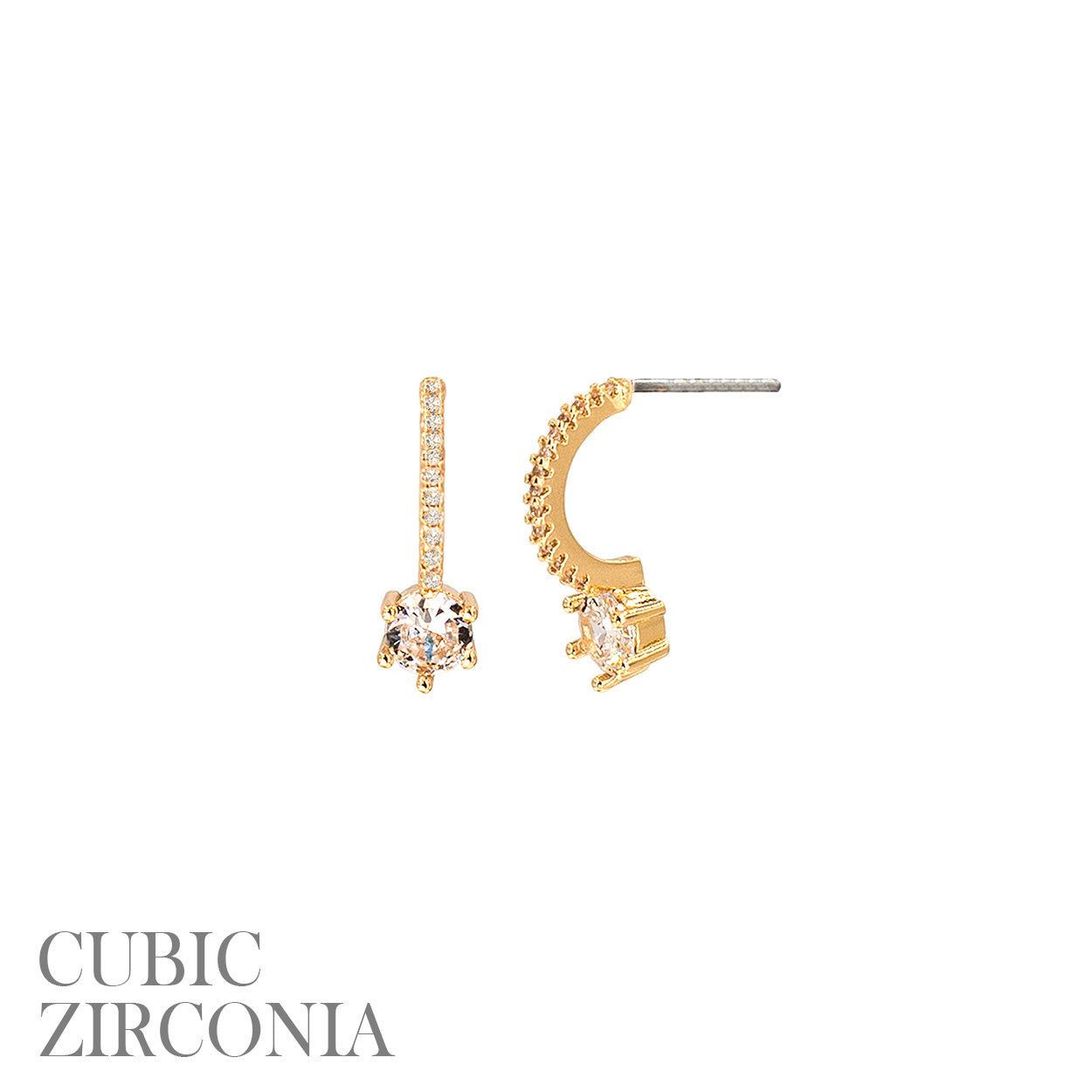 CZ Fixed Drop Stone Half Hoop Huggies - In Gold & Silver