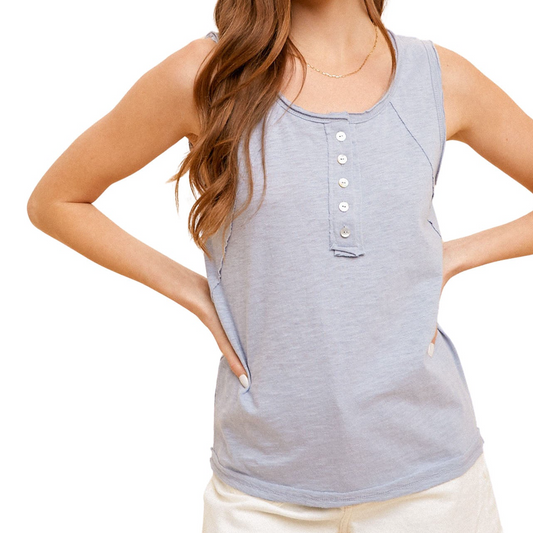Solid Raw Edge 100% Cotton Henley Tank - Sky Blue