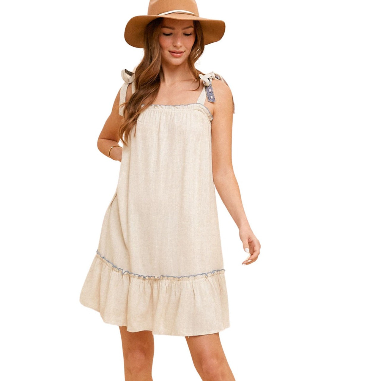 Tie Top Linen Vacation Shift Dress With Blue Detail - Oatmeal Medium Tie Top Linen Vacation Shift Dress With Blue Detail - Oatmeal Medium