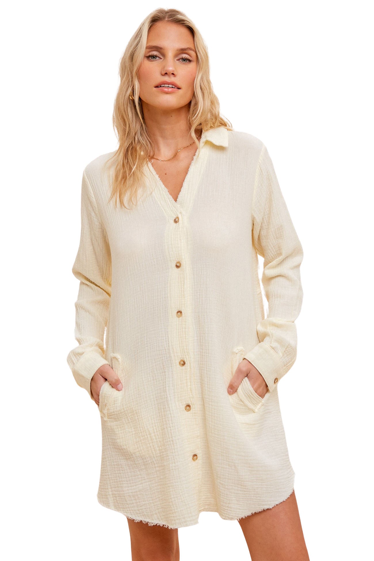 Washed Gauze 100% Cotton Oversized Button Down Tunic - Eggshell