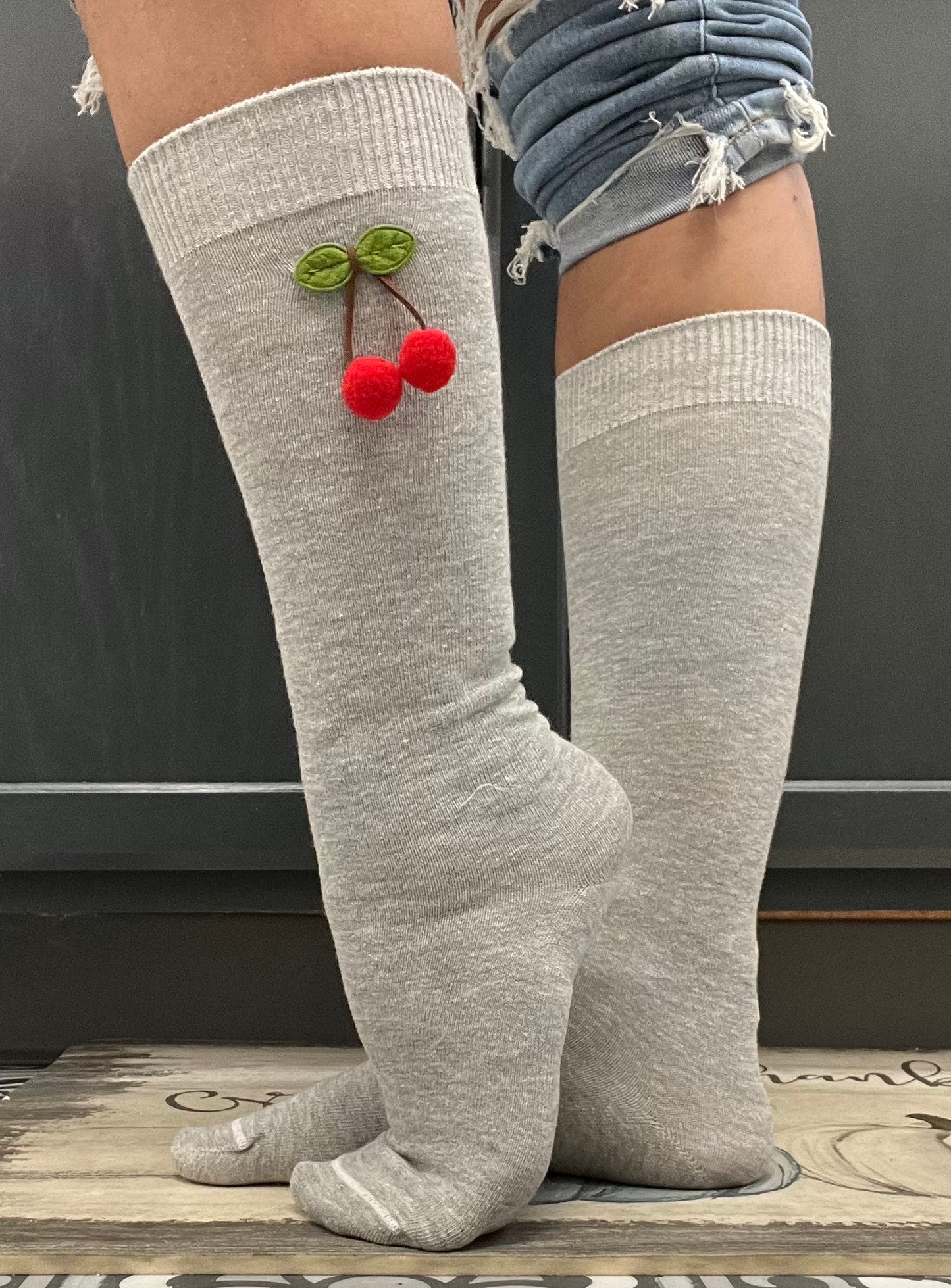 Hand Made Cherry Grey Crew Socks