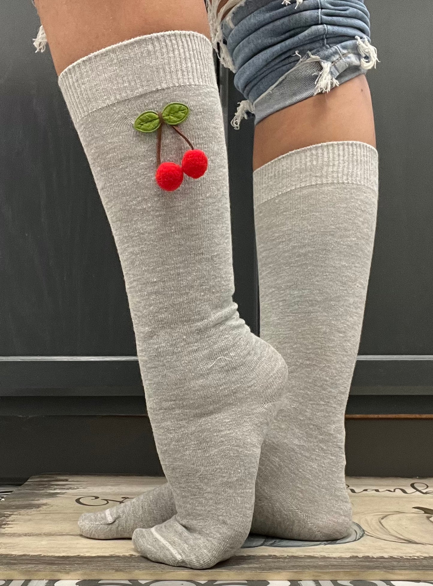 Hand Made Cherry Grey Crew Socks