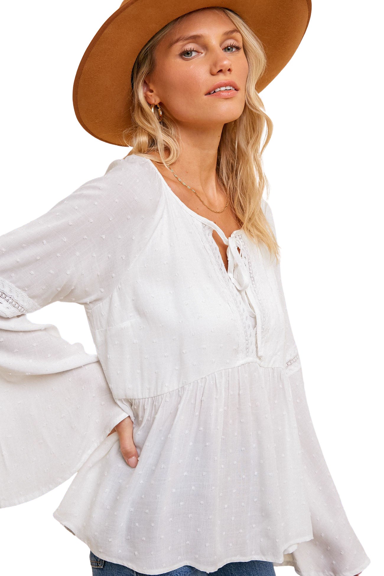 Flaired Sleeve Baby Doll Swing Top - White