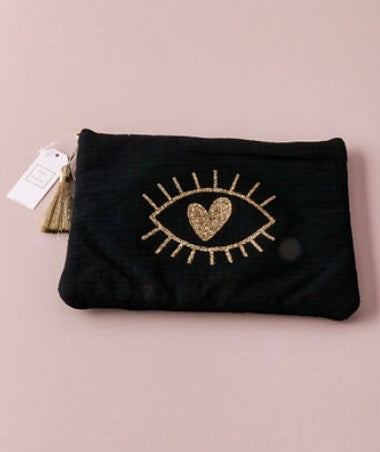 Golden Heart & Eye Black Make Up Bag With Gold Tassel