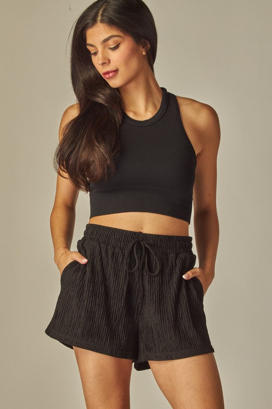 Crinkle Cut Light Weight Drawstring Shorts - In Black & Khaki