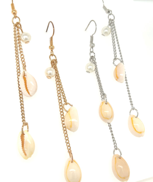 Cowry Shell Dandle Earrings With Pearl Accent