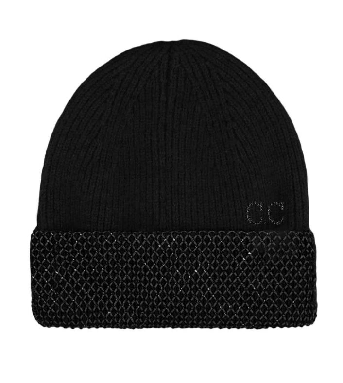 Rhinestone Solid Black CC Beanie