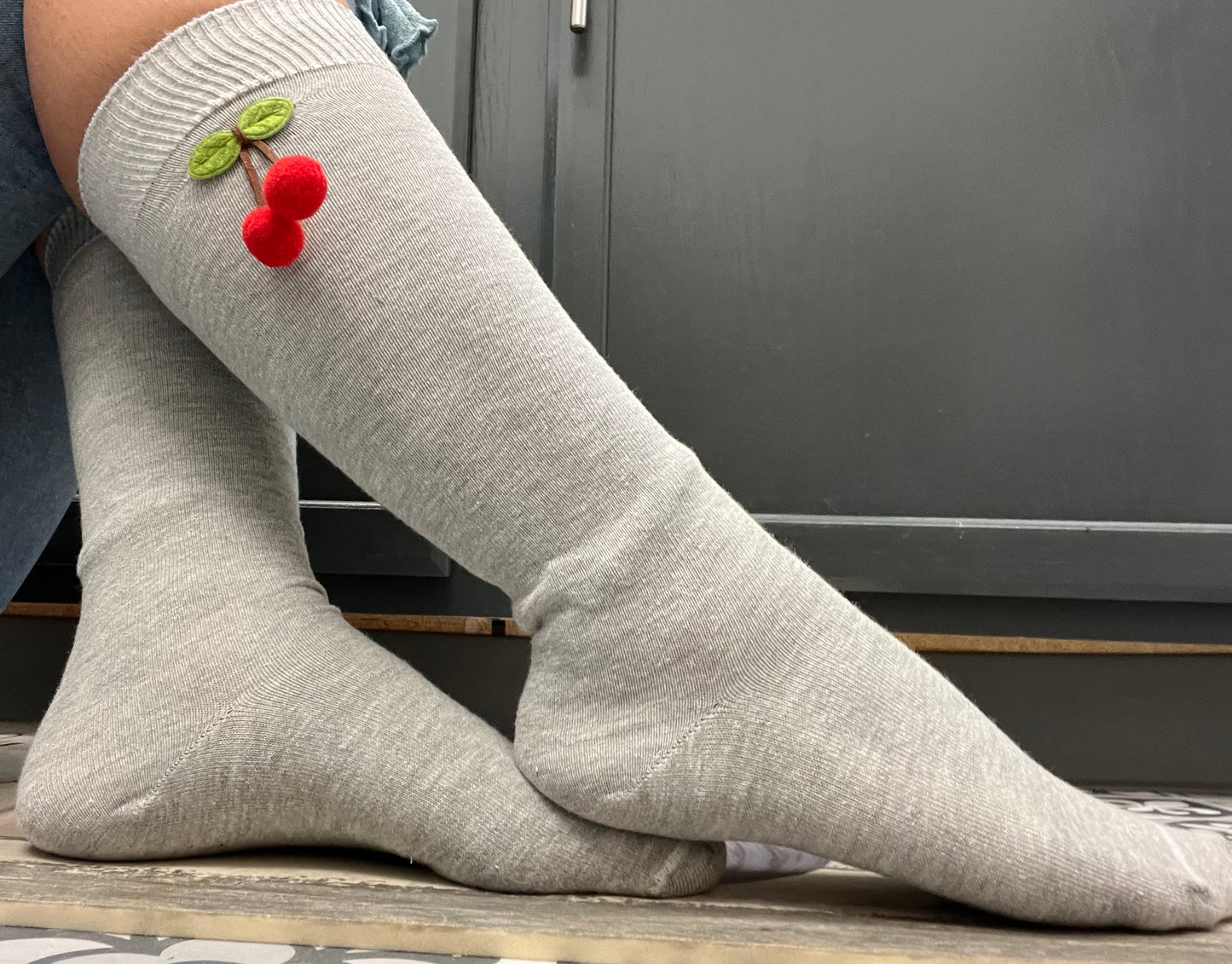 Hand Made Cherry Grey Crew Socks