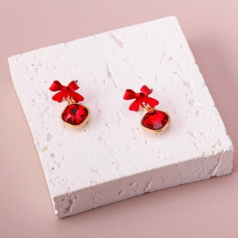 Holiday Christmas Bow Drop Crystal Earring - In 2 Colors