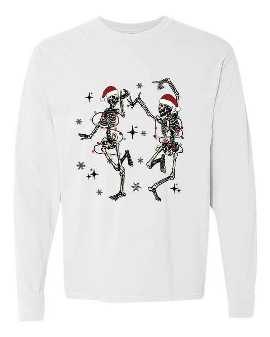 Dancing Holiday Skeletons Long Sleeve Tee - White