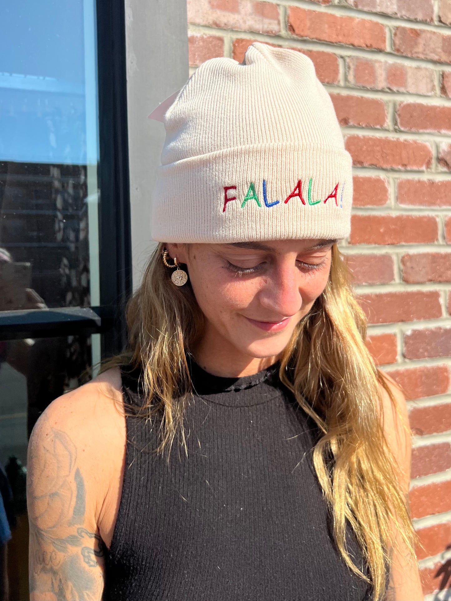 Falala! Embroidered Beige Knit Beanie