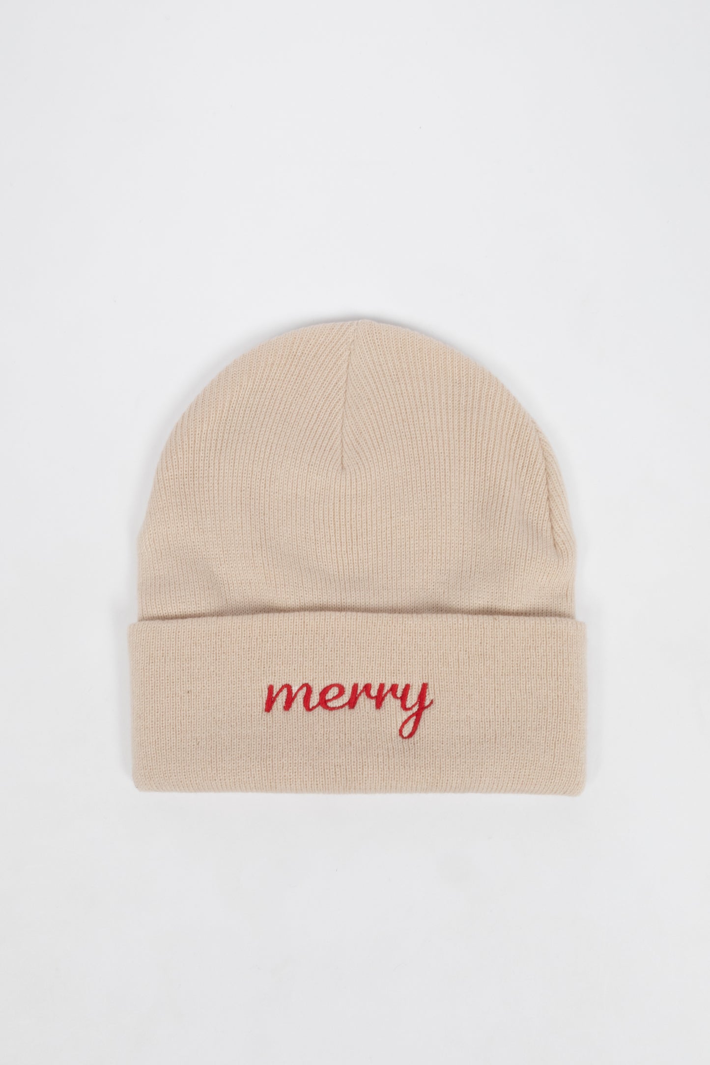 Merry Embroidered Beige Knit Beanie