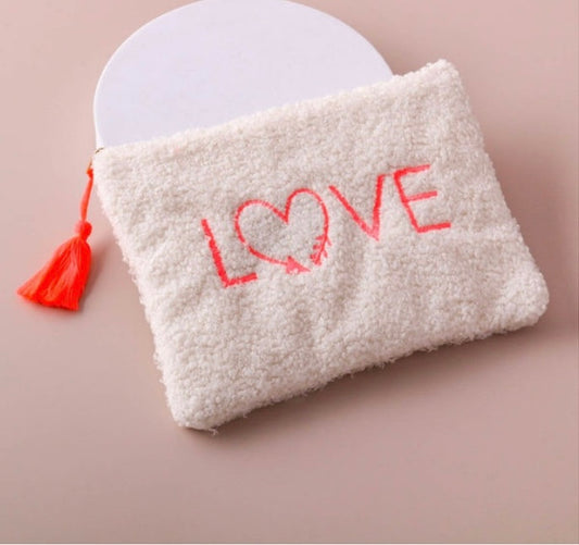 Neon Orange Love & Heart Fuzzy Cream Make Up Bag With Neon Tassel