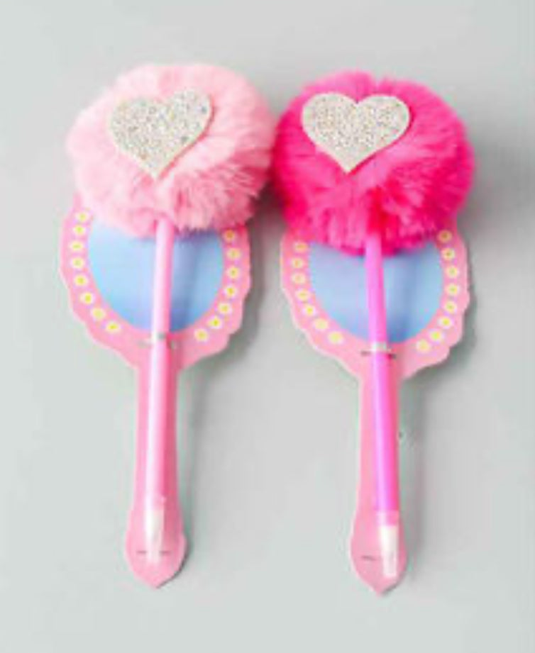 Rhinestone Heart & Puff Ball Pink Pen - In 2 Colors