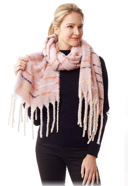 Pink Sparkle Stitch Colorful Stripe Fringe Scarf