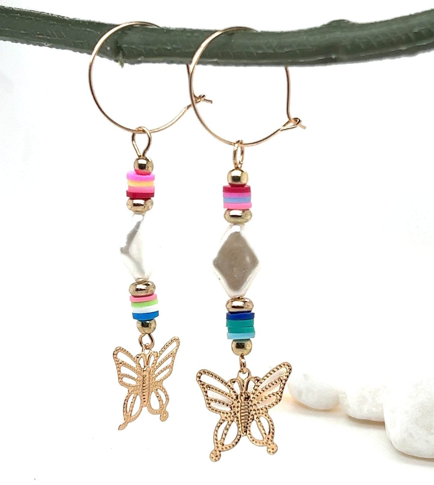 Butterfly Drop Mixed Bead Hoop Dangle Gold Tone Earrings