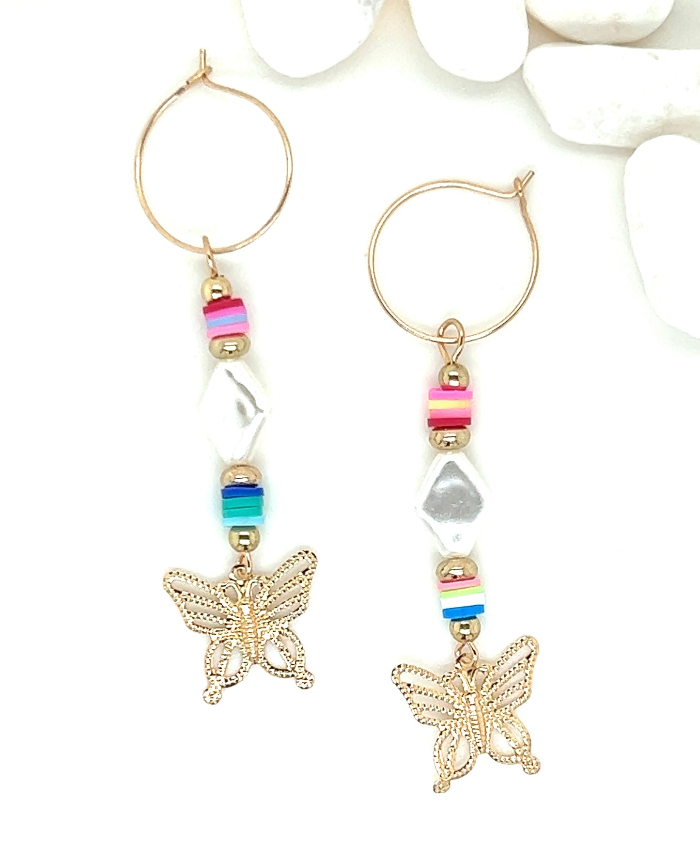 Butterfly Drop Mixed Bead Hoop Dangle Gold Tone Earrings