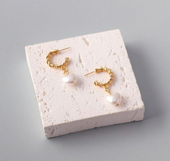 Heart Pearl Drop Twisted Hoop Earrings - In Gold & Silver