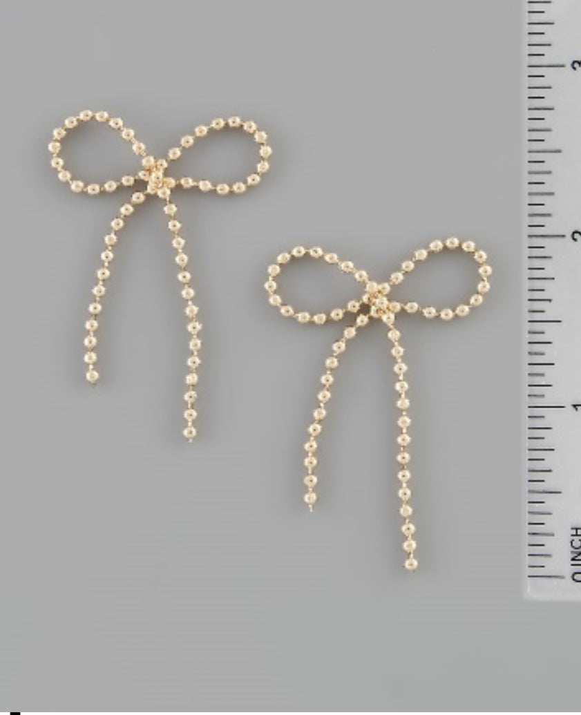 Dangling Ball Link Chain Bow Earrings - Gold