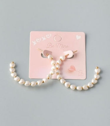 Heart Shaped Pearl Bead Open Hoop Earrings - Gold