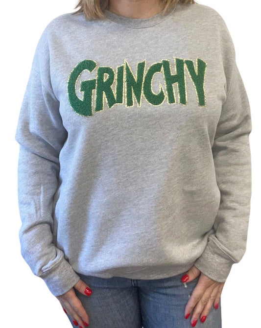 Grinchy Puffy Letter Sweatshirt With Gold Trim - Green On Grey