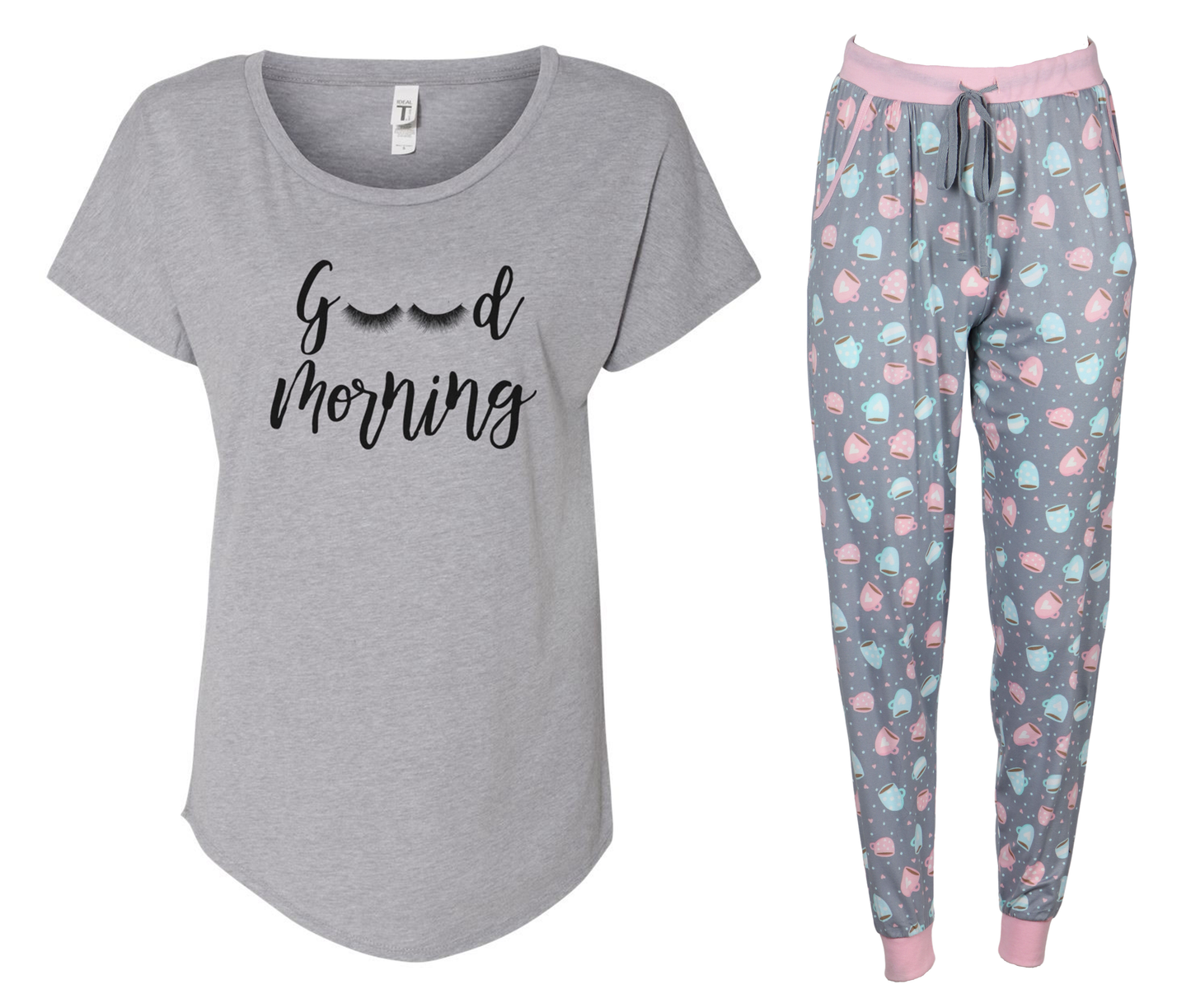 Good Morning Lashes Jogger Grey & Pink Pajama Set