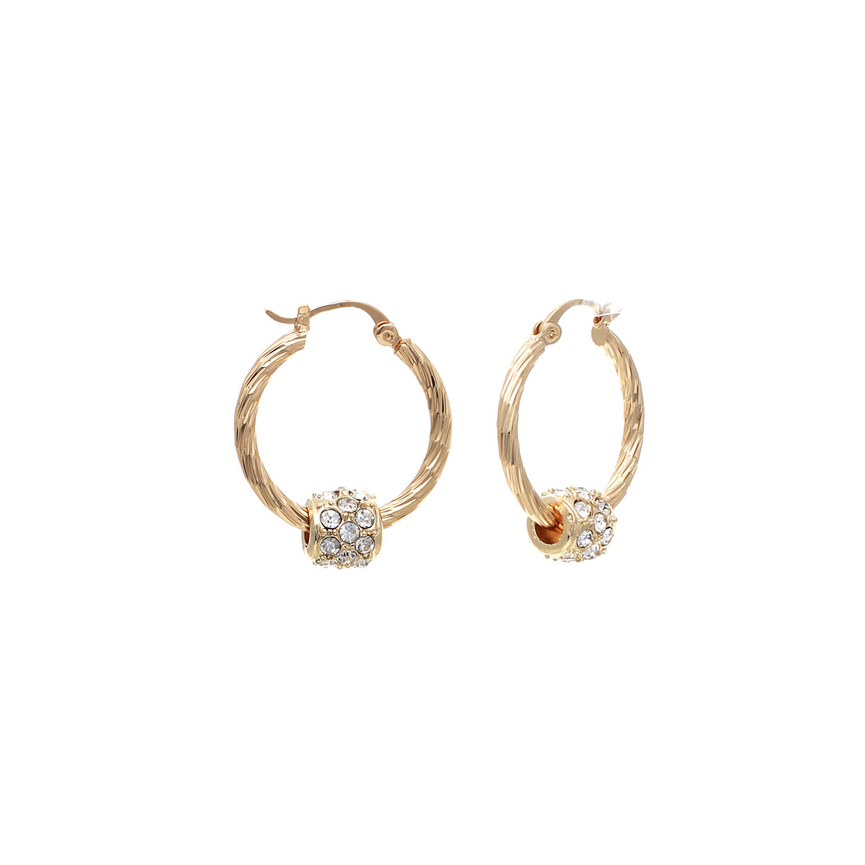 Wave Cut Hoops With Rhinestone Moving Bead - In Gold & Silver