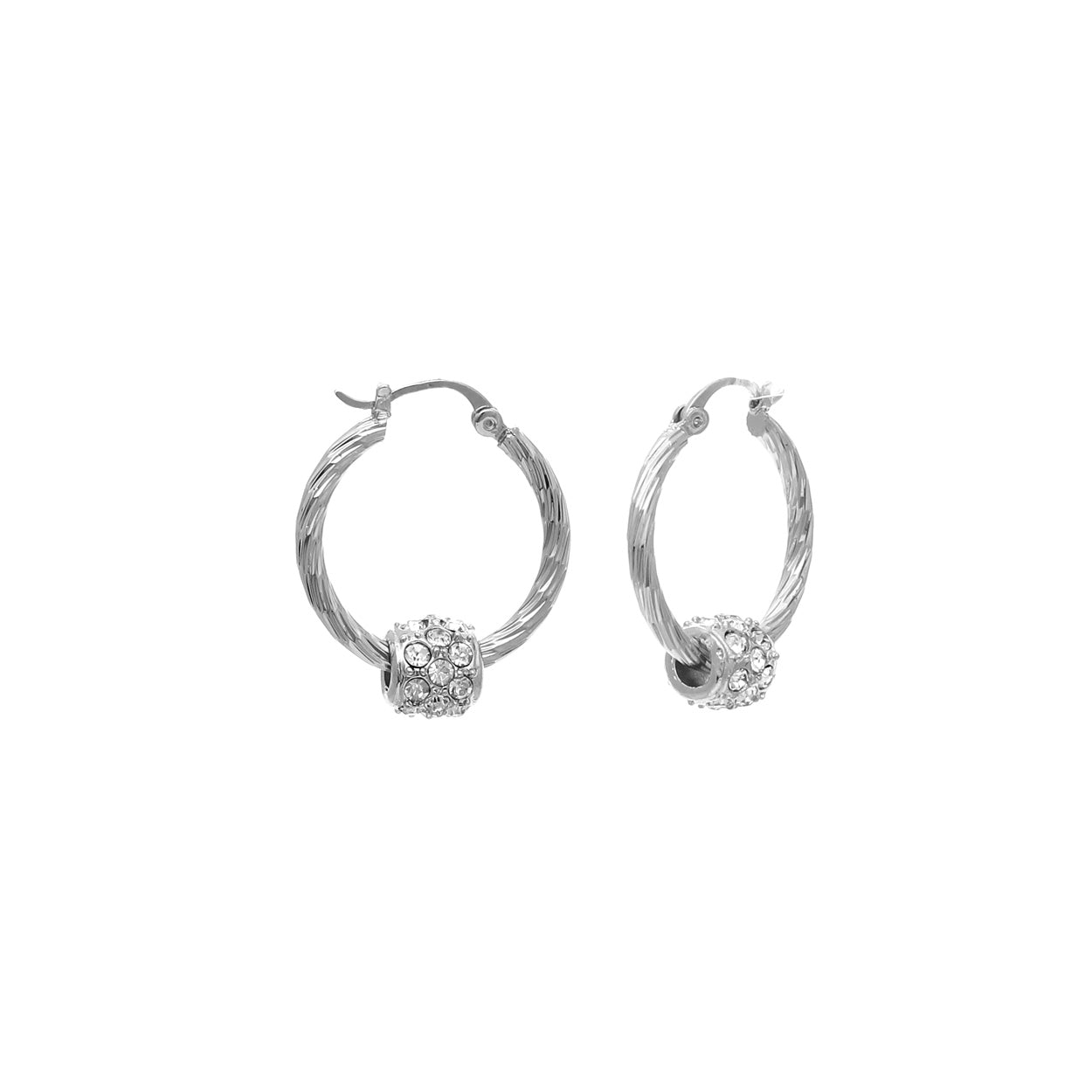 Wave Cut Hoops With Rhinestone Moving Bead - In Gold & Silver