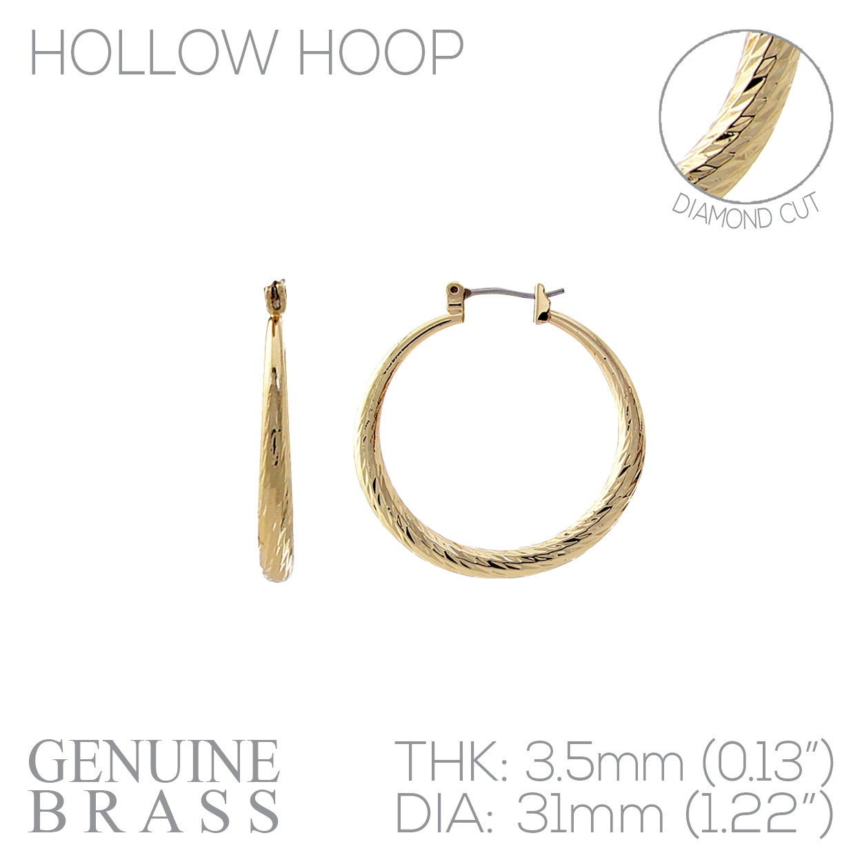 Hollow Hoop Diamond Cut Hoop Earring - 1.22 Inch - In Gold & Silver