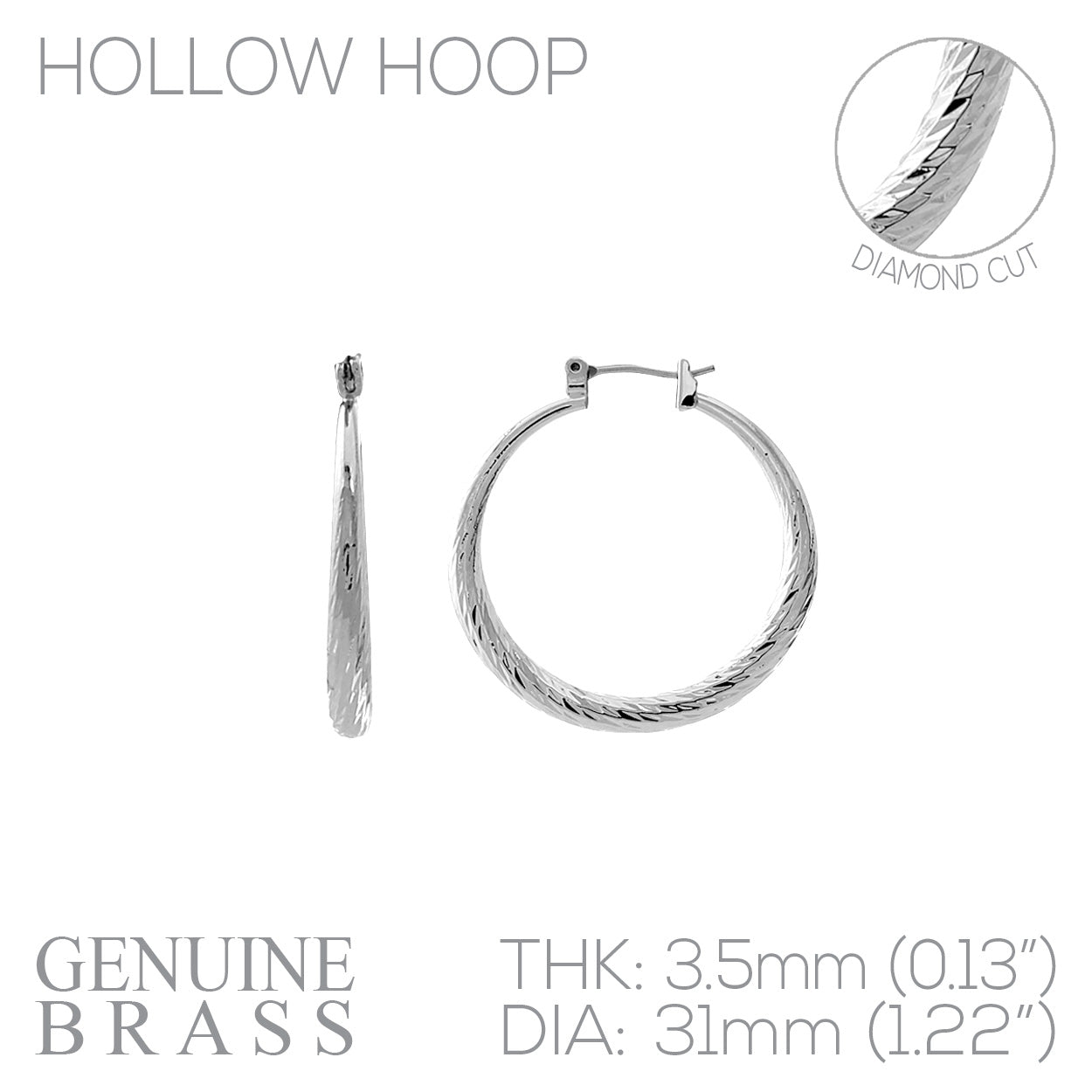 Hollow Hoop Diamond Cut Hoop Earring - 1.22 Inch - In Gold & Silver