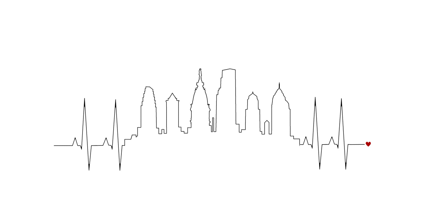 Philadelphia Heartbeat Skyline Ladies Tee Shirt - In White & Grey
