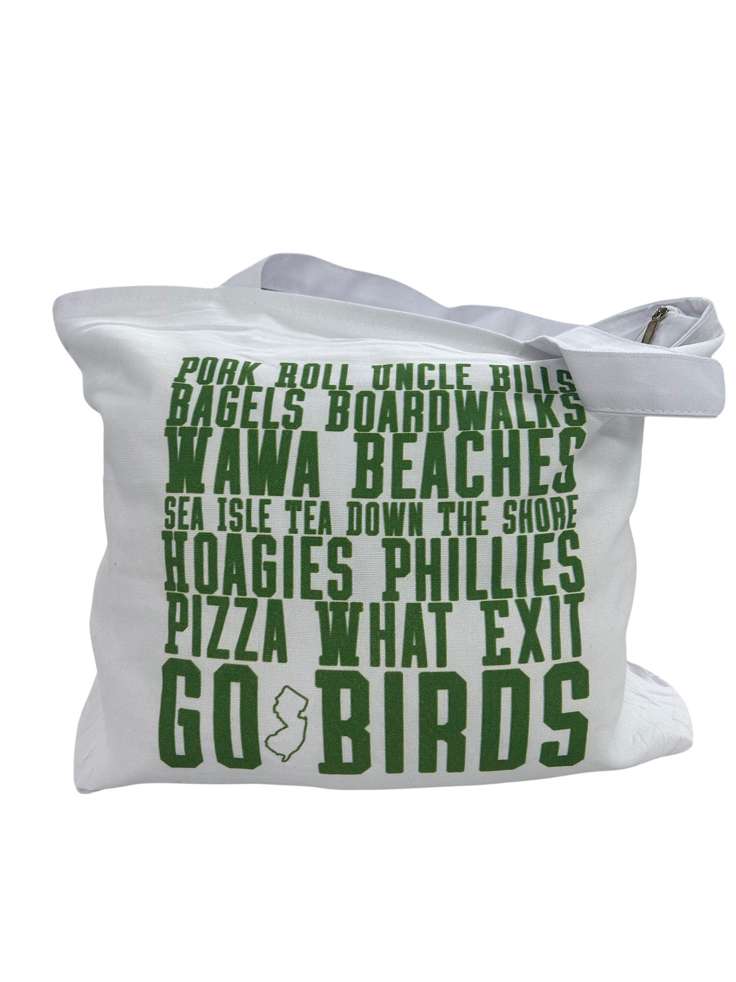 Down The Shore Zipper Tote Bag - White & Kelly Green Text