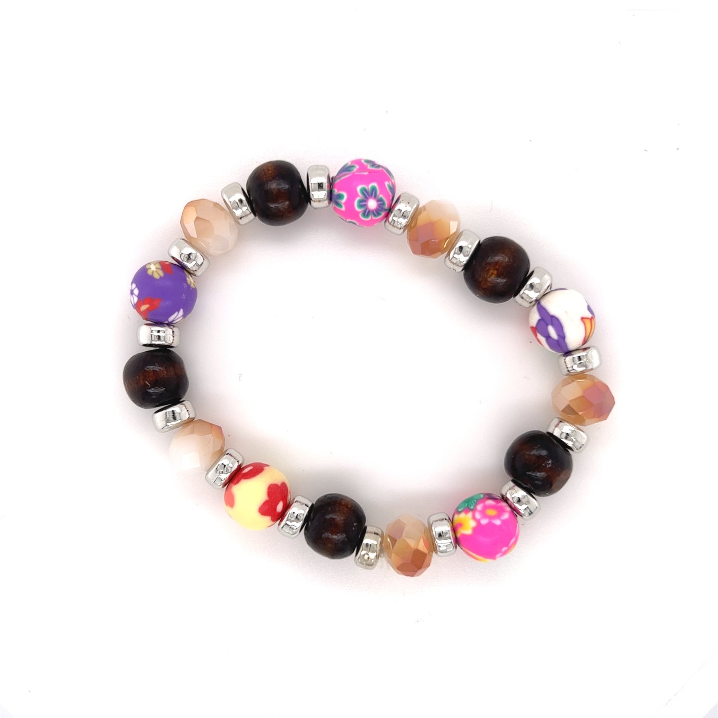 Clay, Wood, & Glass Bead Stretch Bracelet - In Gold & Silver